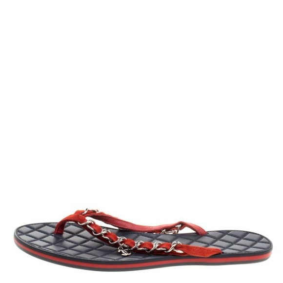 Chanel Red  Suede Chain Link Quilted Thong Sandals - Picture 2 of 6